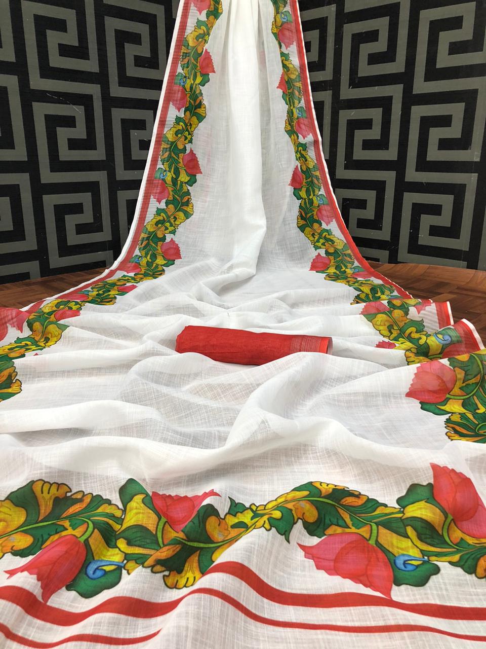 White color linen saree with kalamkari pallu & golden border