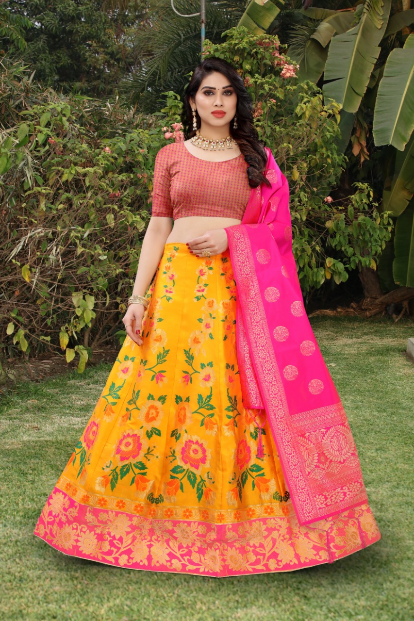 1001373 Yellow golden crop top lehenga in banarasi silk brocade