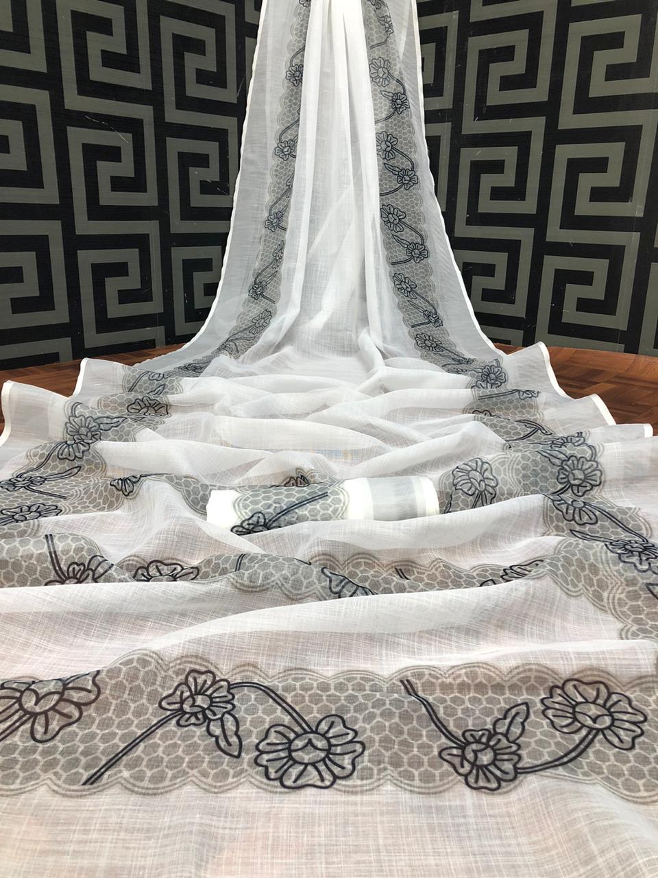 White color linen saree with kalamkari pallu & golden border