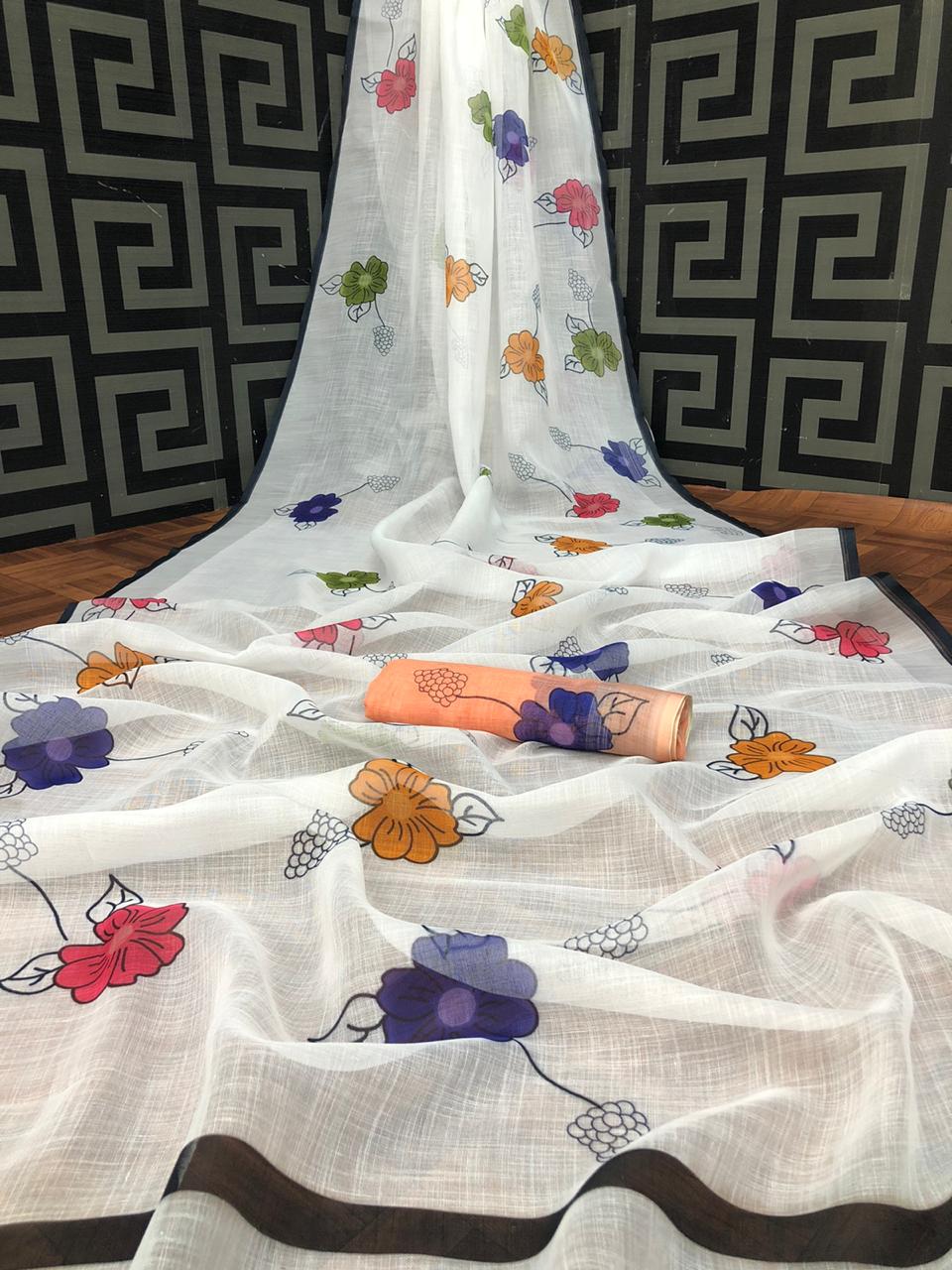 White color linen saree with kalamkari pallu & golden border