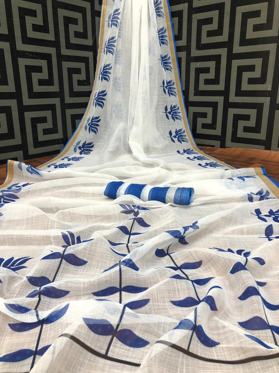 White color linen saree with kalamkari pallu & golden border