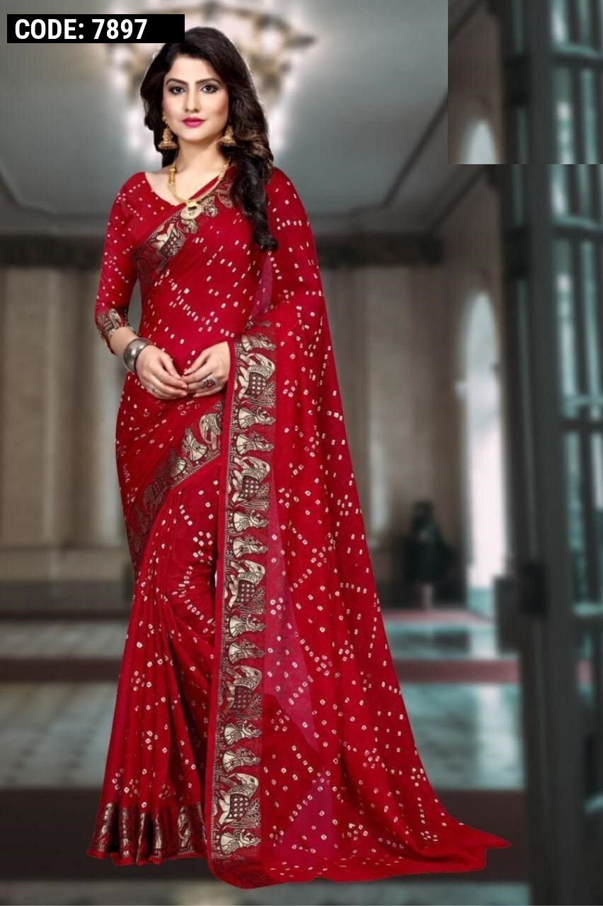 Red Hand Bandhej Bandhani Saree With Weaving Border – Bahuji - Online  Fashion & Lifestyle Store
