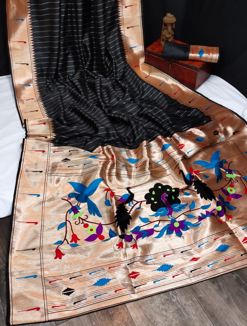 Black color banarasi soft silk paithani saree with zari border & exclusive zari pallu