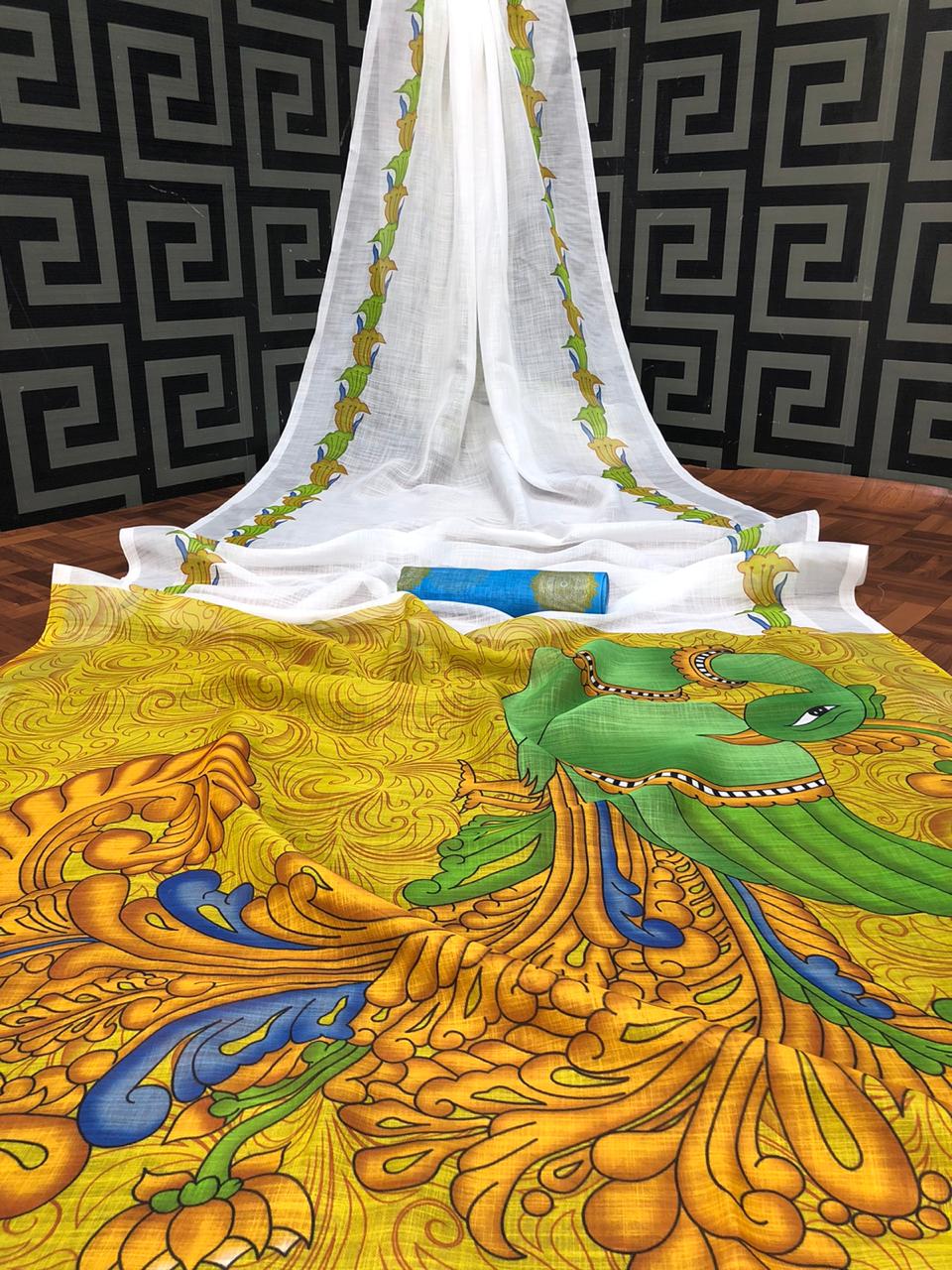 White color linen saree with kalamkari pallu & golden border
