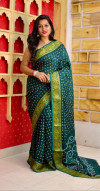 Rama green color bandhani silk saree with khadi printed work