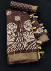 Coffee color soft cotton saree with printed work