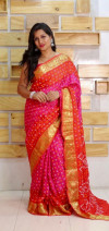 multi color bandhej silk saree with khadi printed work