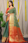 Dark green color kanchipuram silk saree eith golden zari weaving work