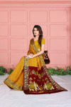 Mustard yellow color soft bandhani saree with khadi printed work