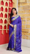 Navy blue color bandhani silk saree with khadi printed work