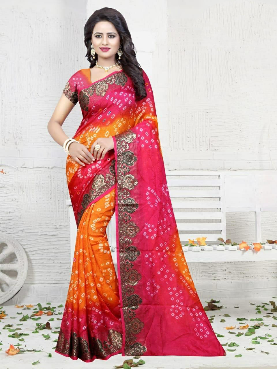 Multi color soft bandhej silk saree