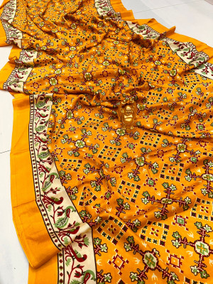 Mustard yellow color soft cotton saree with printed work