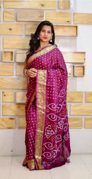 Magenta color banadhani silk saree with khadi printed work