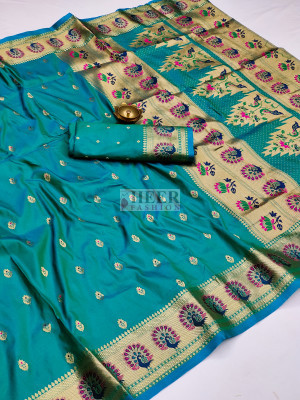 Rama green color paithani silk saree with zari weaving work