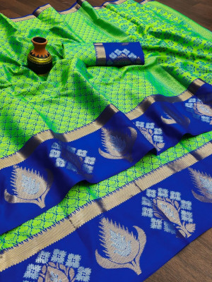 Parrot green color malmal silk saree with zari weaving work