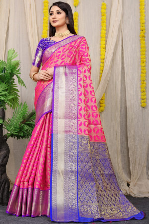 Rani pink color kanchipuram silk saree eith golden zari weaving work