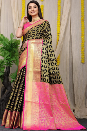 Black color kanchipuram silk saree eith golden zari weaving work