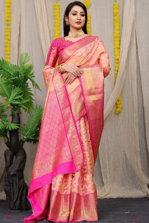 Baby pink color kanchipuram silk saree eith golden zari weaving work