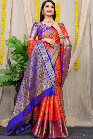 Red color kanchipuram silk saree eith golden zari weaving work