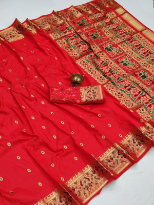 Red color paithani silk saree with golden zari weaving work