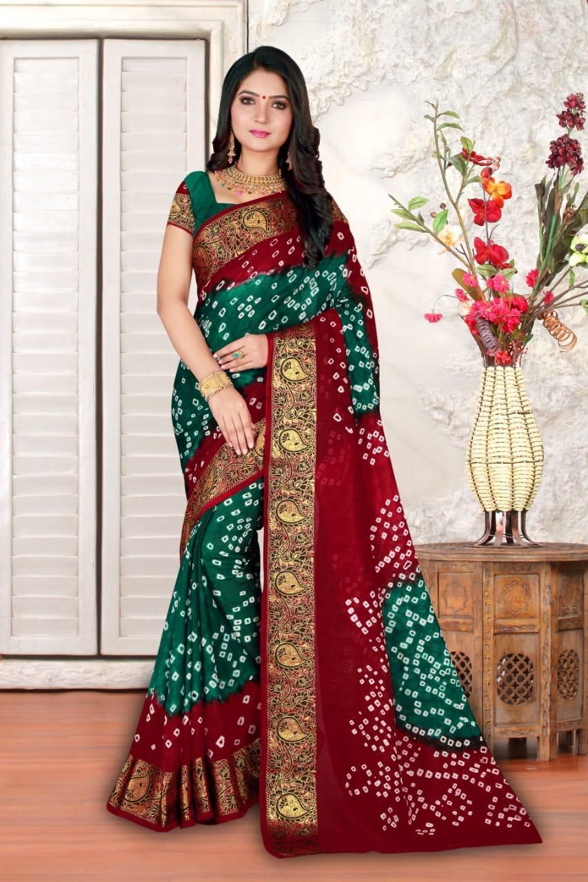 Red and green color hand bandhej bandhani saree