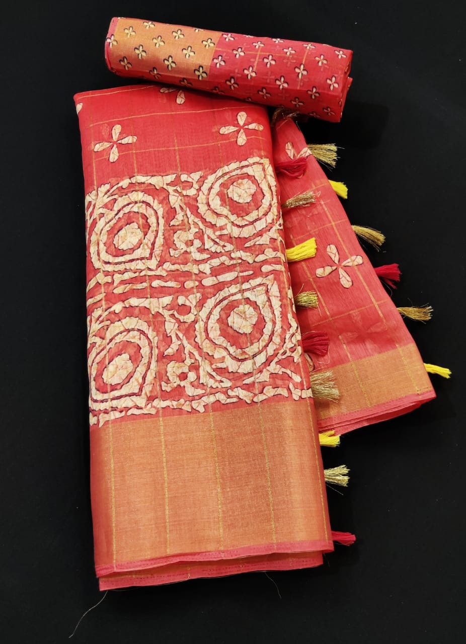 Gajari color soft cotton saree with printed work