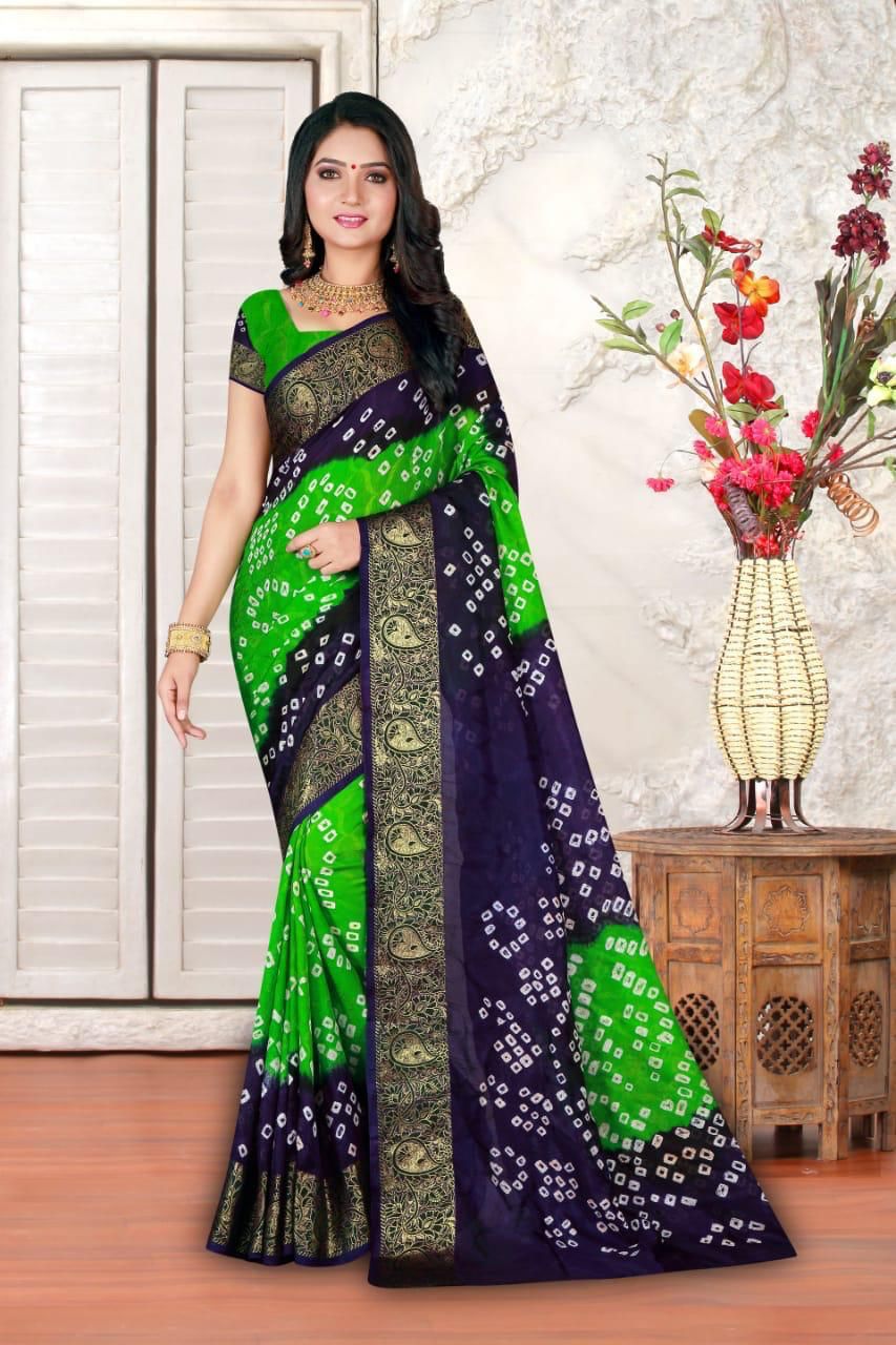 Parrot green and navy blue color hand bandhej bandhani saree