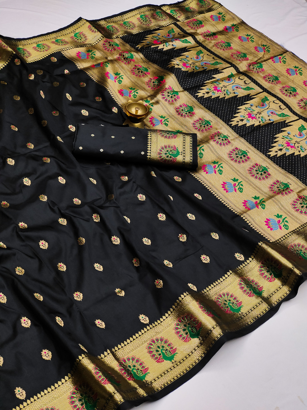 Black color paithani silk saree with zari weaving work