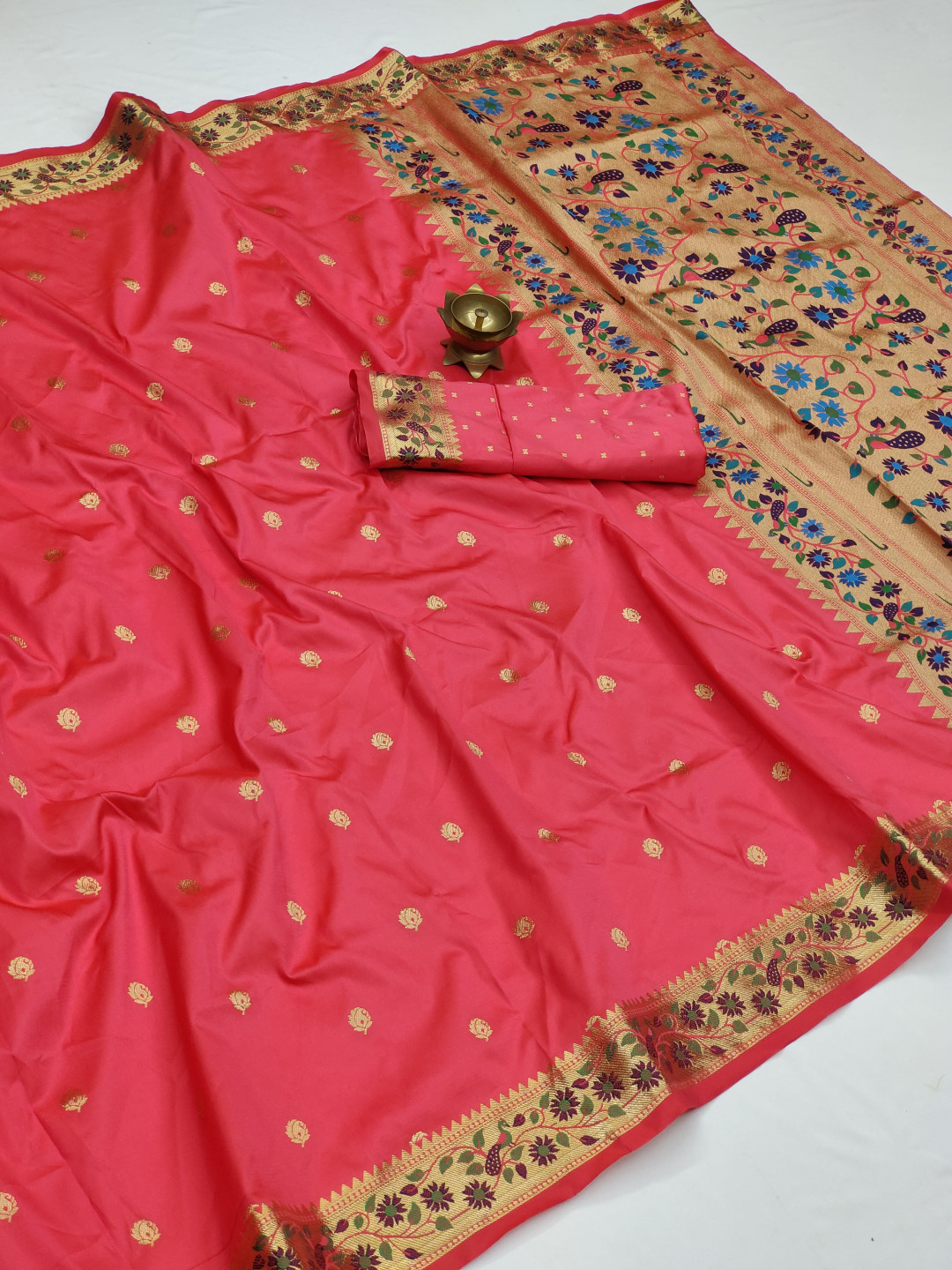 Gajari color paithani silk saree with golden zari weaving work