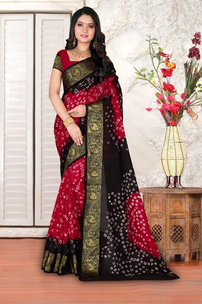 Black and red color hand bandhej bandhani saree
