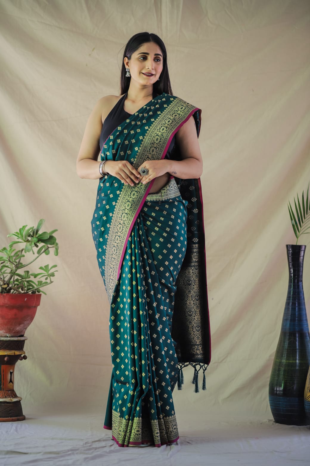 Golden-Green Woven Art Silk Saree With Tassels