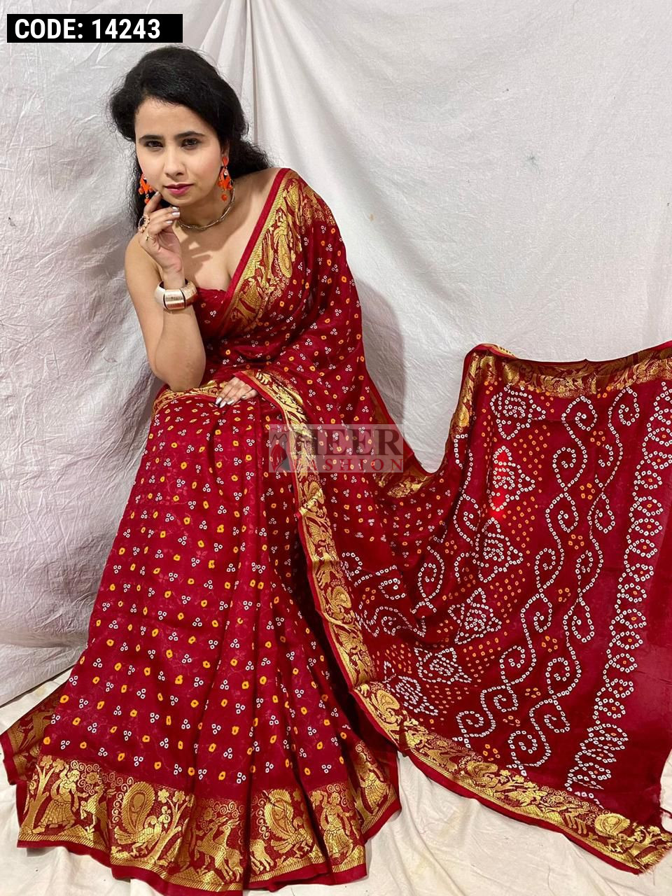 Embroidered Blouse With Red Bandhej Saree