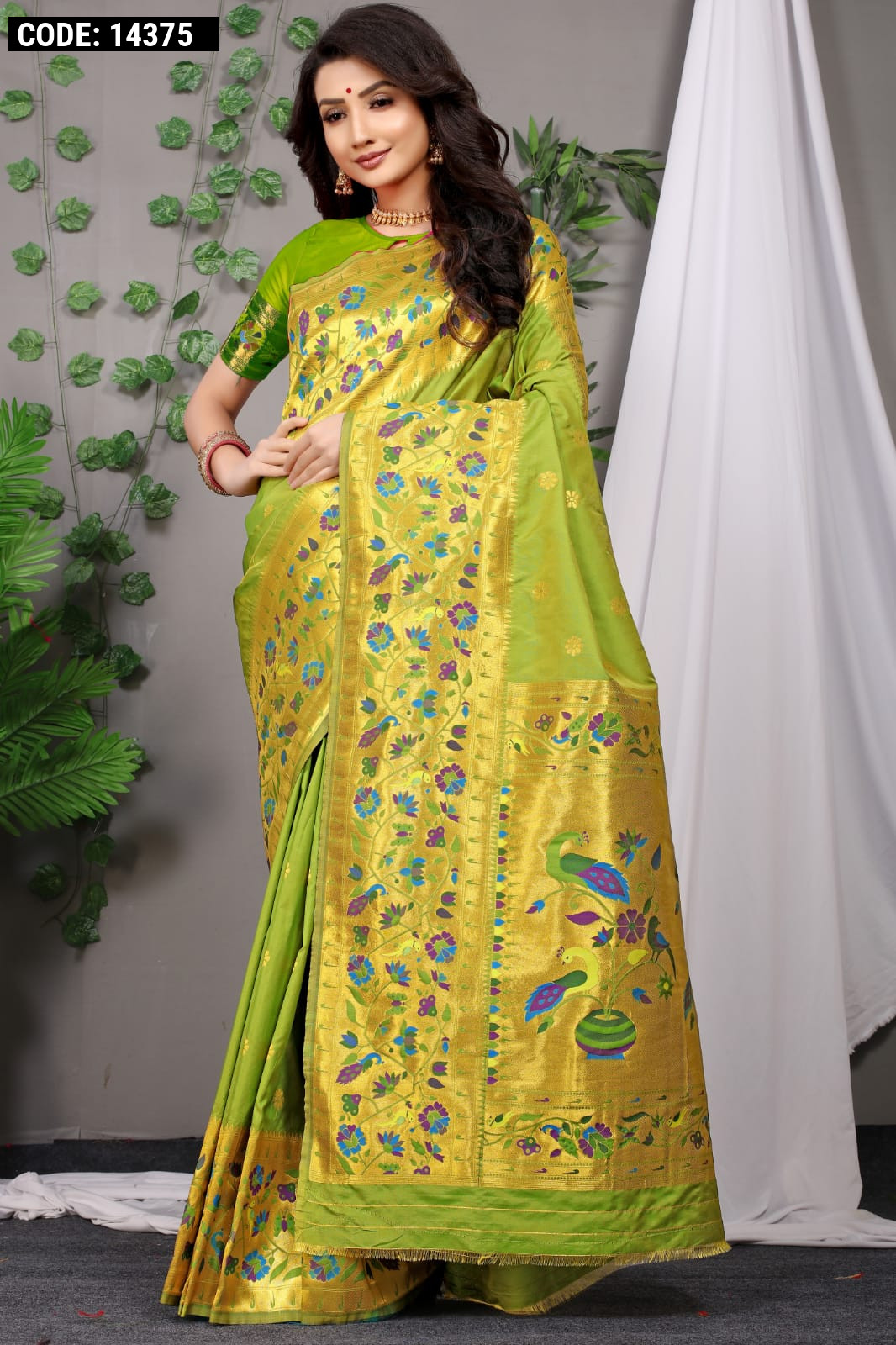 Green Handloom Paithani Saree with motifs, contrast kanchi border &  Paithani pallu with peacocks & floral vine design