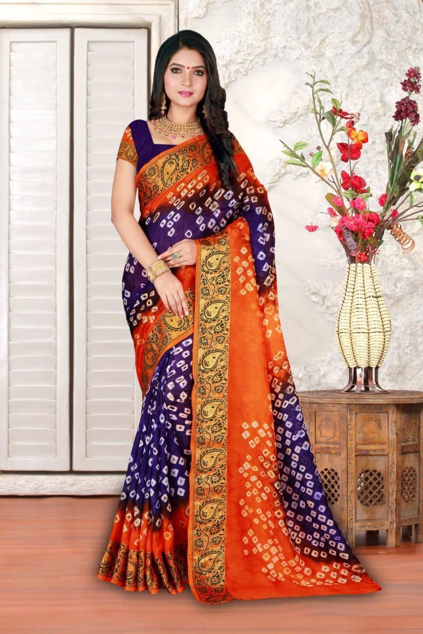Purple and orange color hand bandhej bandhani saree