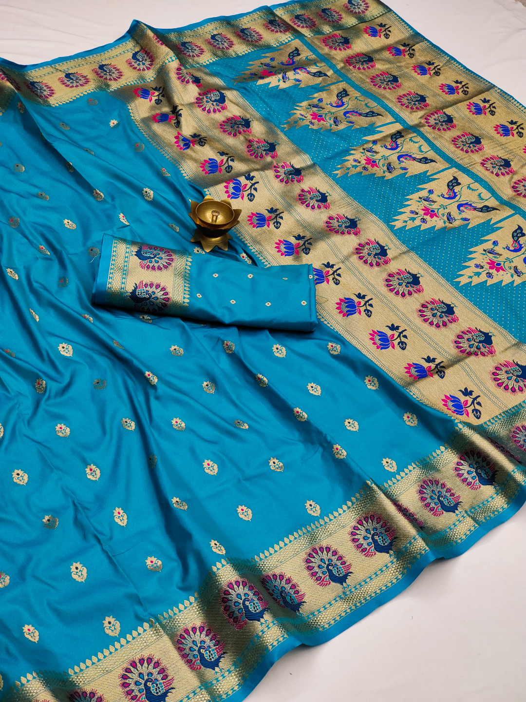 Firoji color paithani silk saree with zari weaving work