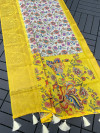 Off white and yellow color banarasi silk saree with kalamkari printed work