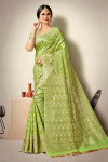 Parrot green color linen cotton saree with woven design