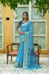 Sky blue color linen silk saree with woven design
