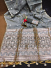 Gray color tussar silk saree with zari weaving  work