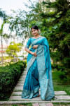 Firoji color handloom raw silk saree with woven design