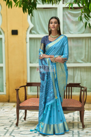 Sky Blue Handcrafted Shibori Pure Kota Silk Saree – Geroo Jaipur