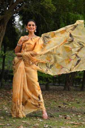 Lemon yellow color soft organza silk saree with digital printed work