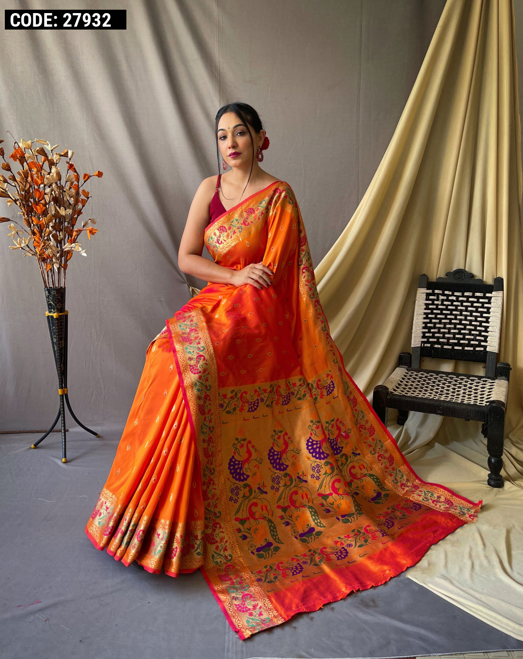 Orange color soft banarasi silk saree with zari weaving work