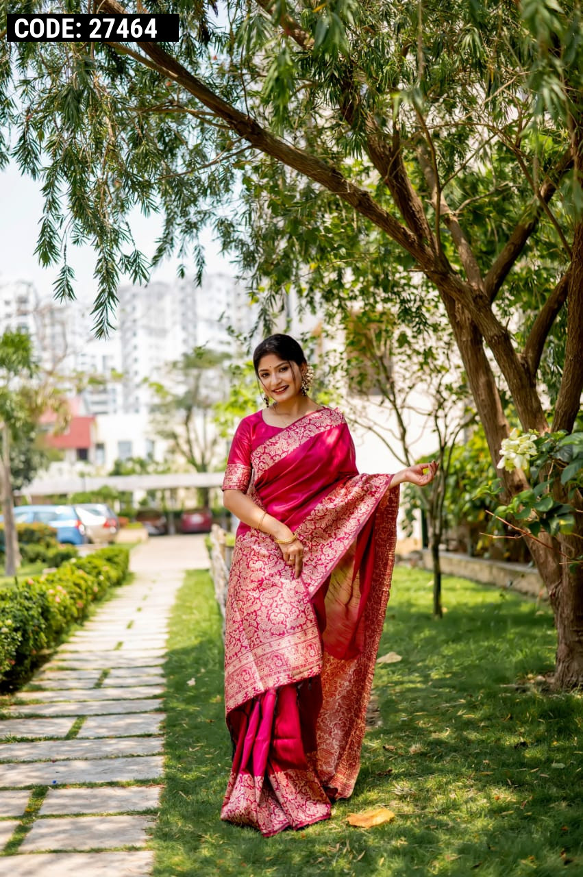 Rani Pink Color Woven Saree