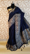 Navy blue color banglori handloom Raw Silk weaving work saree
