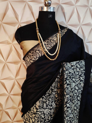 Black color banglori handloom Raw Silk weaving work saree
