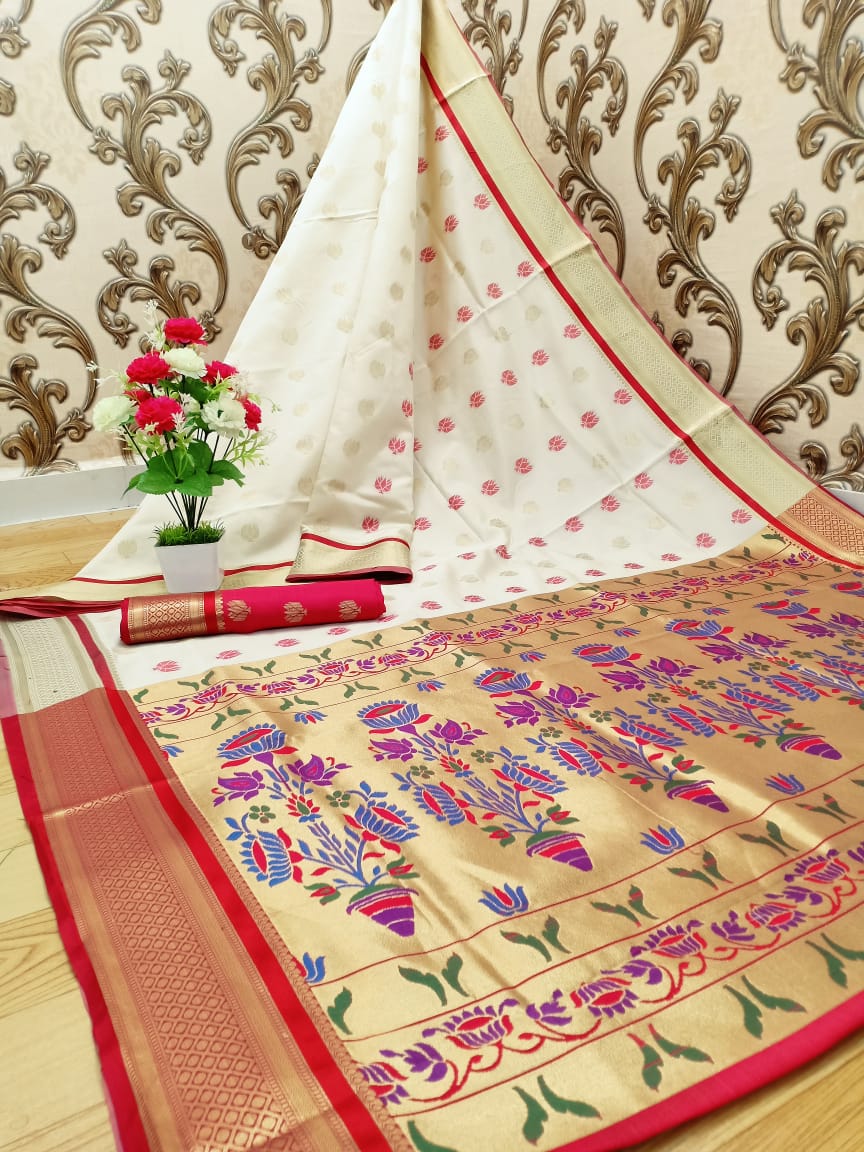 Off white color paithani silk weaving work saree