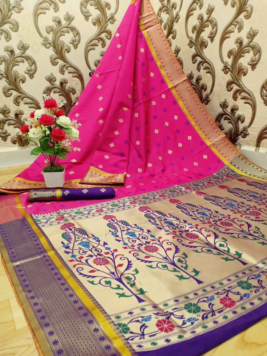 Pink color paithani silk weaving work saree