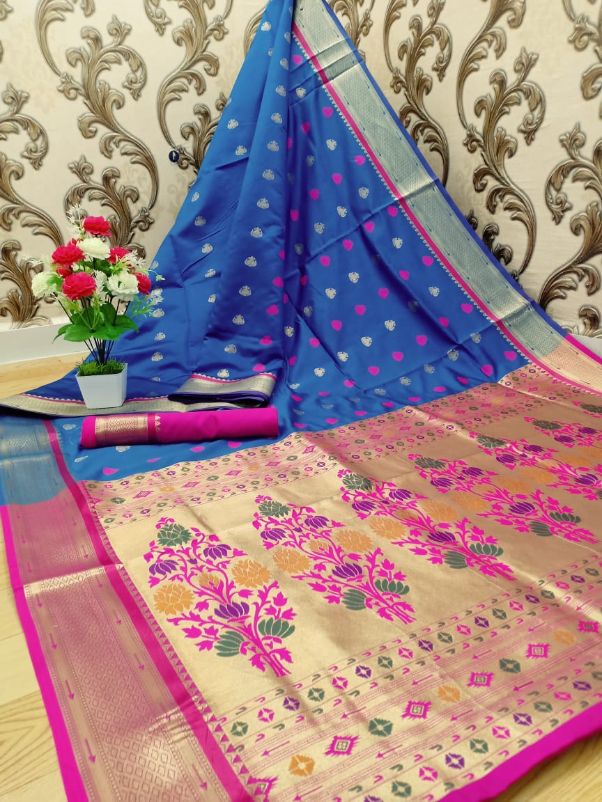 Blue color paithani silk weaving work saree