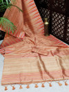 Peach color tussar silk weaving saree with ikat woven border